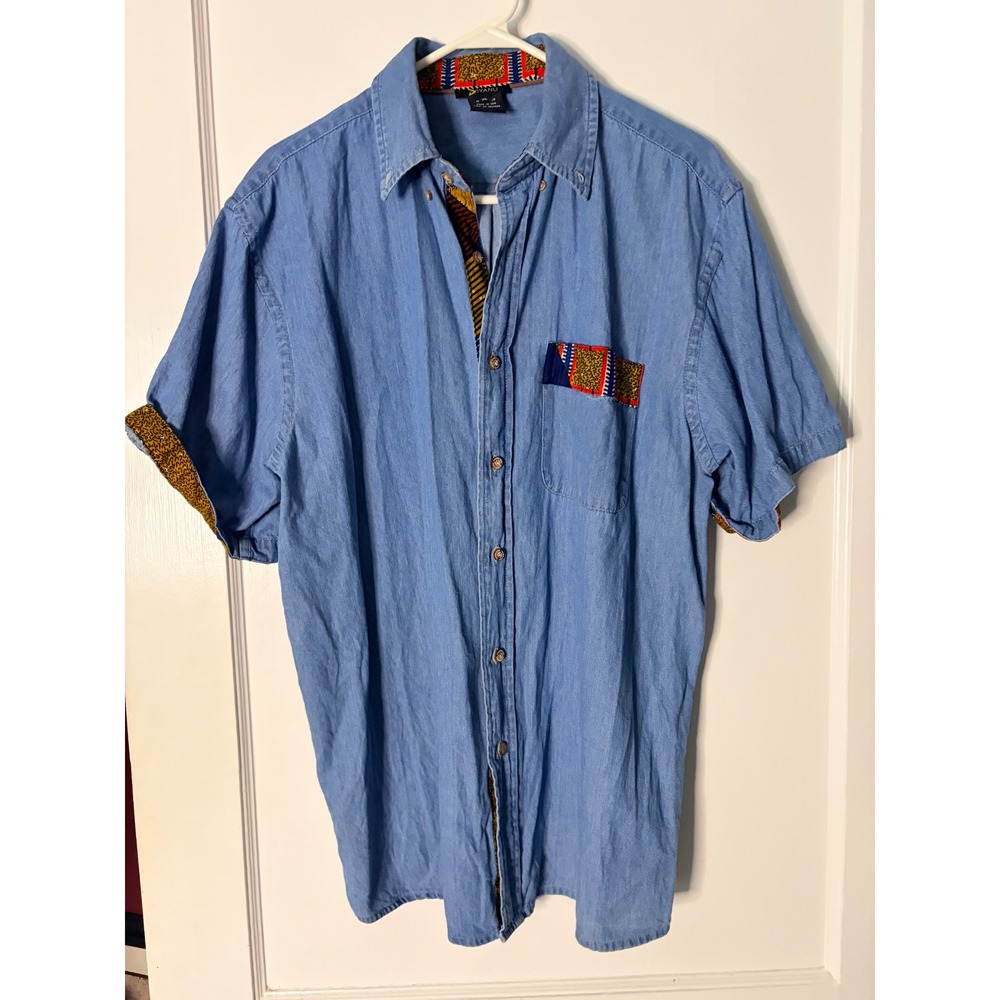D'Iyanu Womens XL Blue Denim African Print Accent Short Sleeve Button Down Shirt